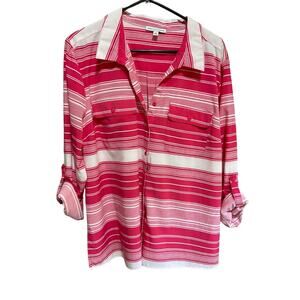 Notations Striped Collared Top XL Stretchy Black White 3/4 or‎ Full Sleeve